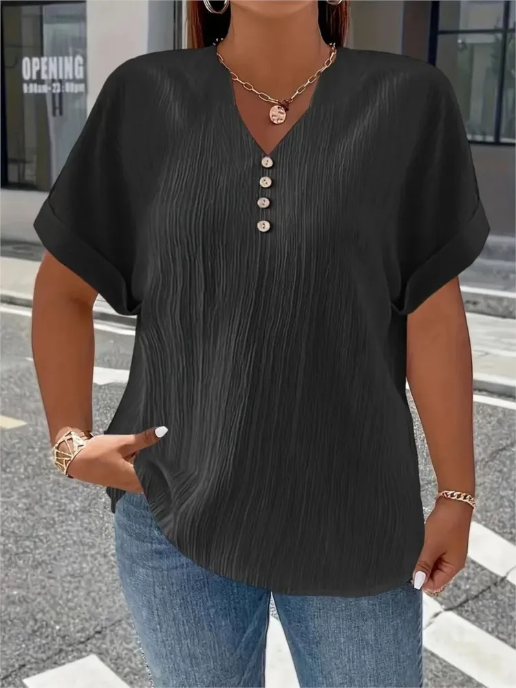 

Casual Women's Small V Neck Short Sleeve Tops 2026 Summer And Spring Women's Fashion New Solid Color Button T-Shirt Female