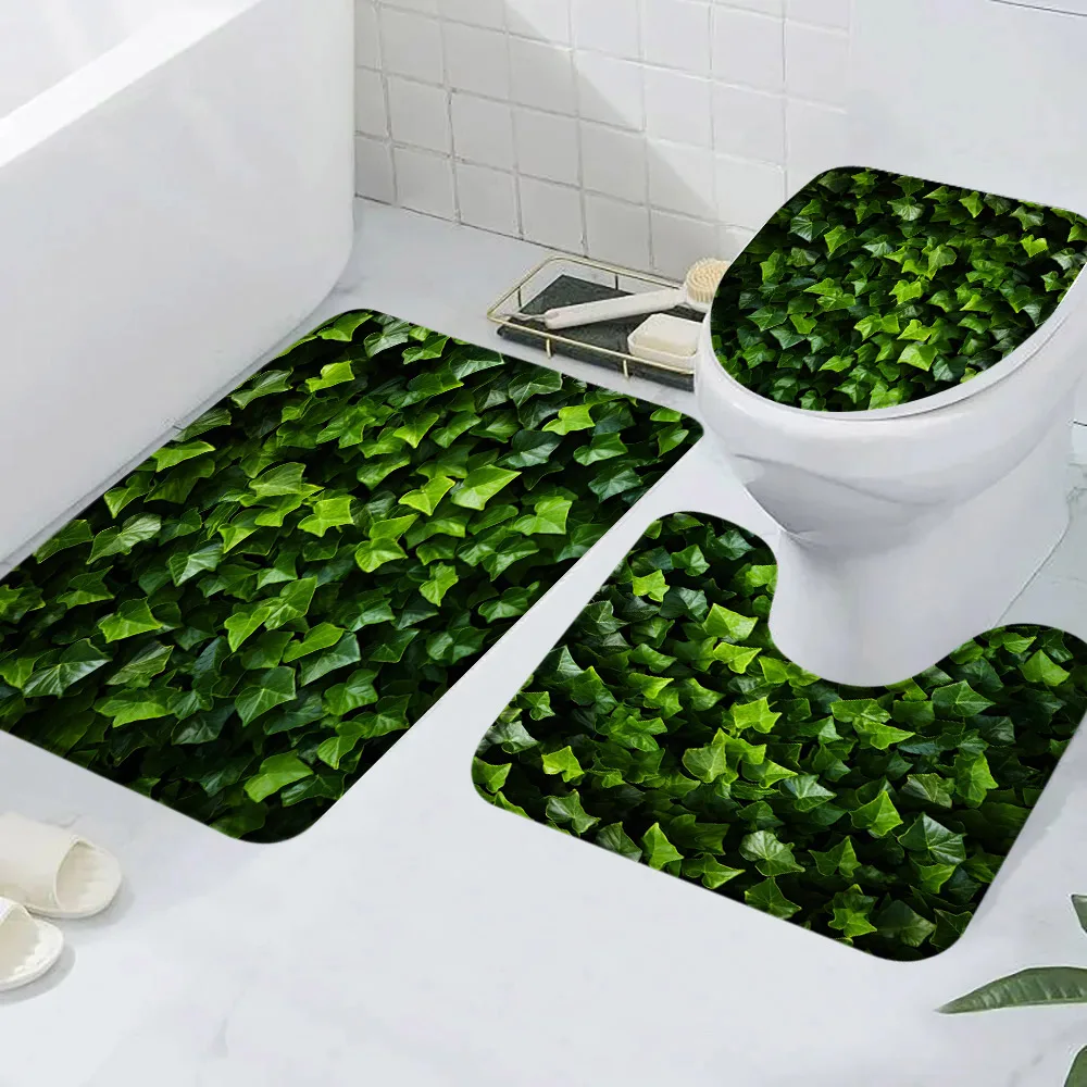 3Pcs Green Plant Brick Wall Bath Mat Rock Stone Leaf Flower Farm Vine Rustic Plush Floor Mat Toilet Cover Bathroom Decor Rug Mat