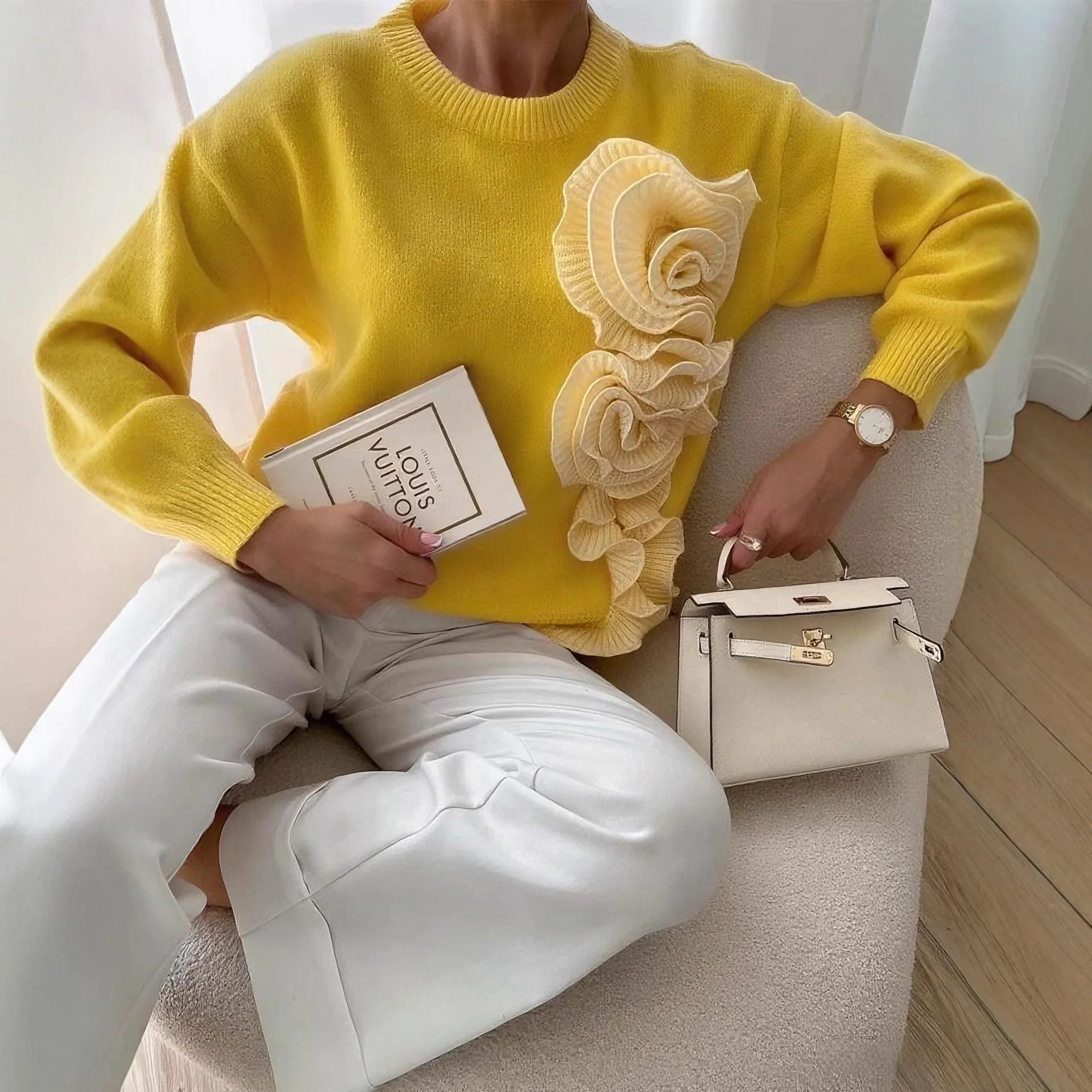 

Женский новый трикотажный пуловер с объемным цветочным узором, однотонный, элегантный, универсальный, приталенный, удобный, для повседневной носки