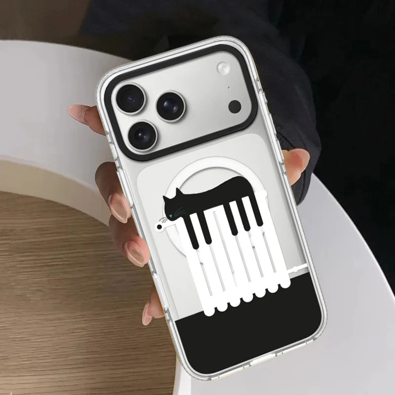 

Creative Piano Key Cat Acrylic White Border Magnetic Cover for IPhone 12 13 14 15 16 17 Pro Max Case for IPhone 17 Air