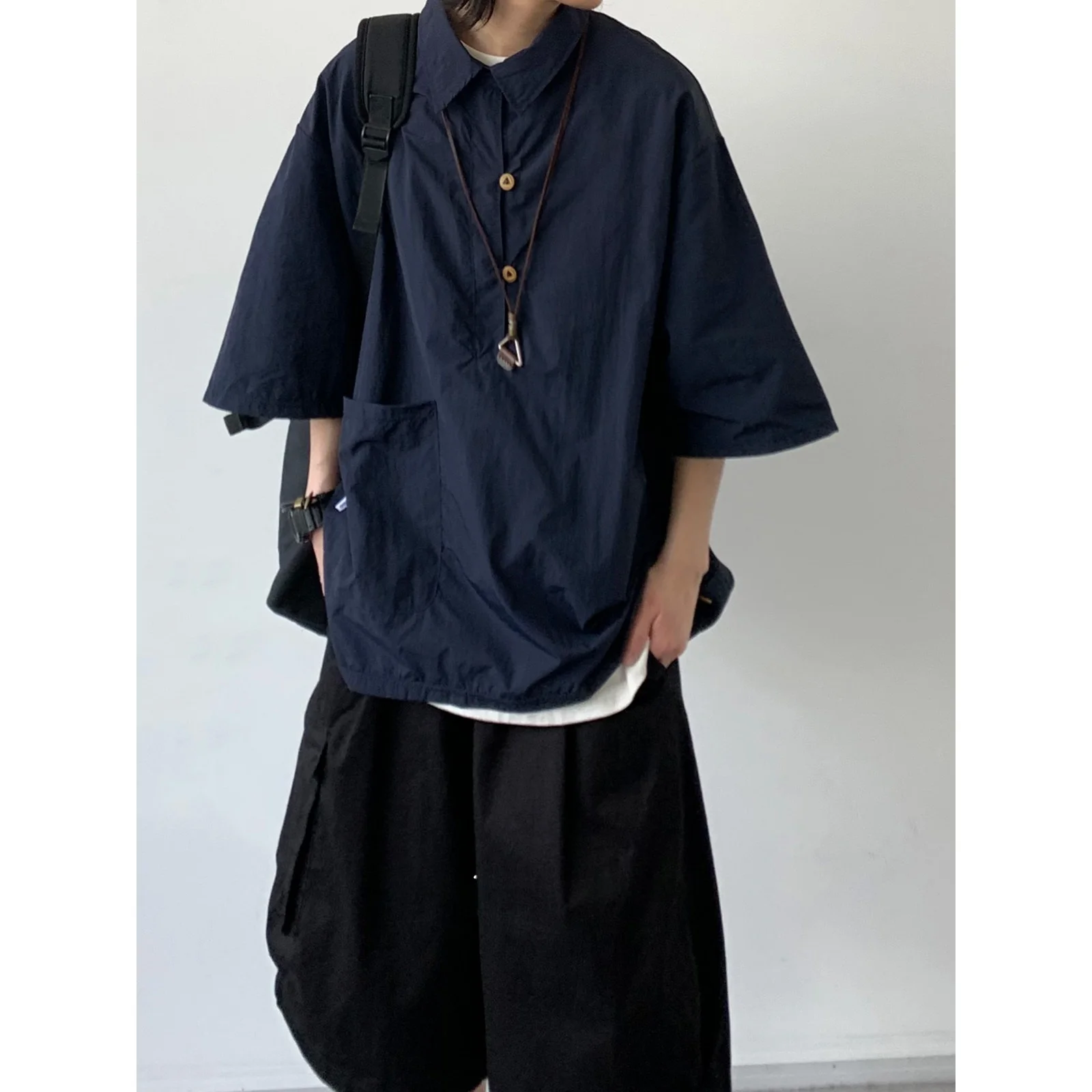 

Summer Loose Wide Sle ort Sve Workwear irt Men's Women's Boyfriend Sle Outerwear Pure Color Square Collar Youth Trend