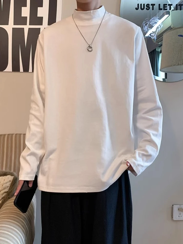 

Однотонная футболка унисекс с высоким воротником, хлопковая футболка с длинными рукавами на весну и осень | Корейский универсальный базовый слой большого размера | Повседневный свободный крой