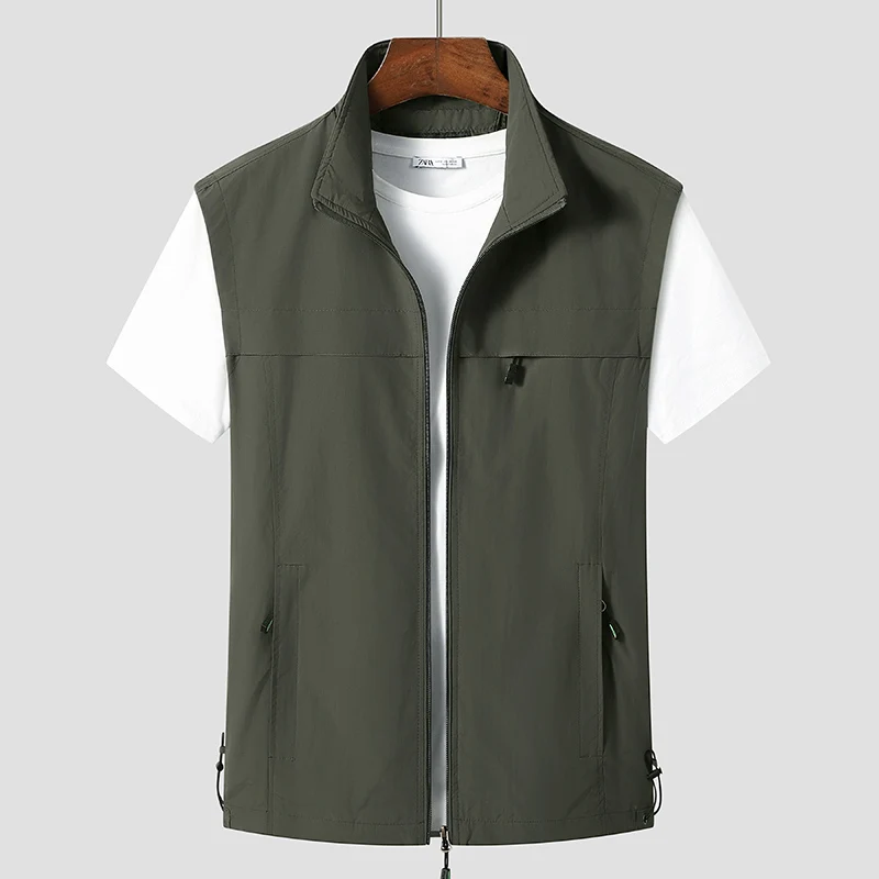 2024 New Minimalist Trendy Men's Summer Solid Color Lapel Shoulder Outdoor Leisure Loose Pocket Work Vest Sleeveless Jacket