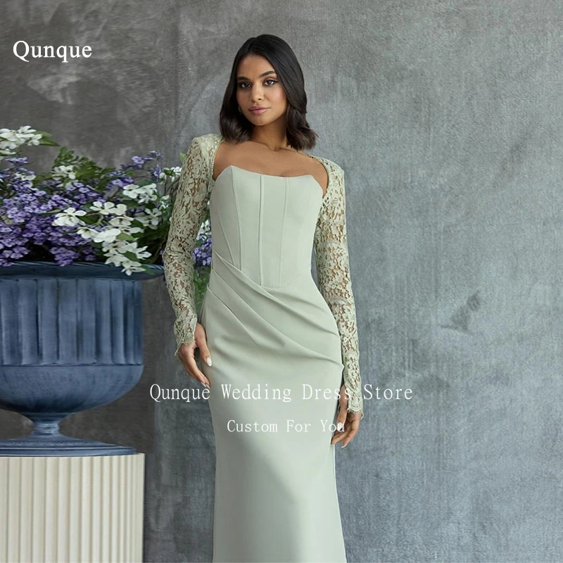 

Qunque Satin Mermaid Evening Dress Strapless Pleated Prom Dress Sexy Lace Sleeves Backless Party Gown Brithdays Dress Customized