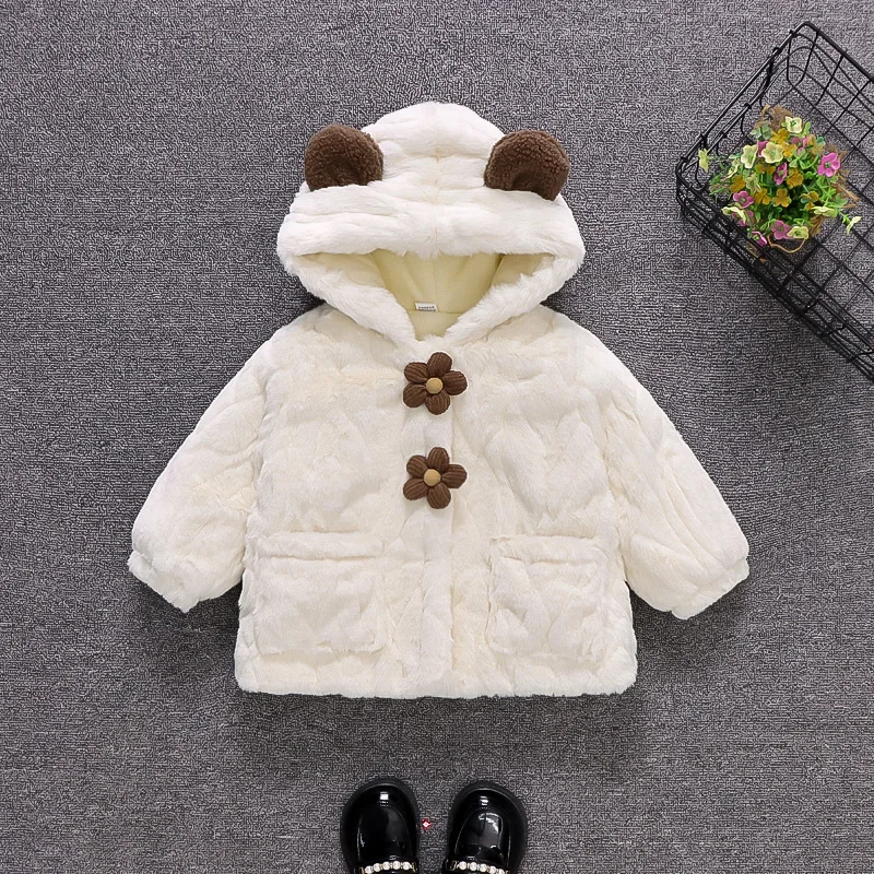 Baby Girl Jacket Winter Flower Cute Ear Girl Hooded Jacket Sweet Girl Winter Clothing