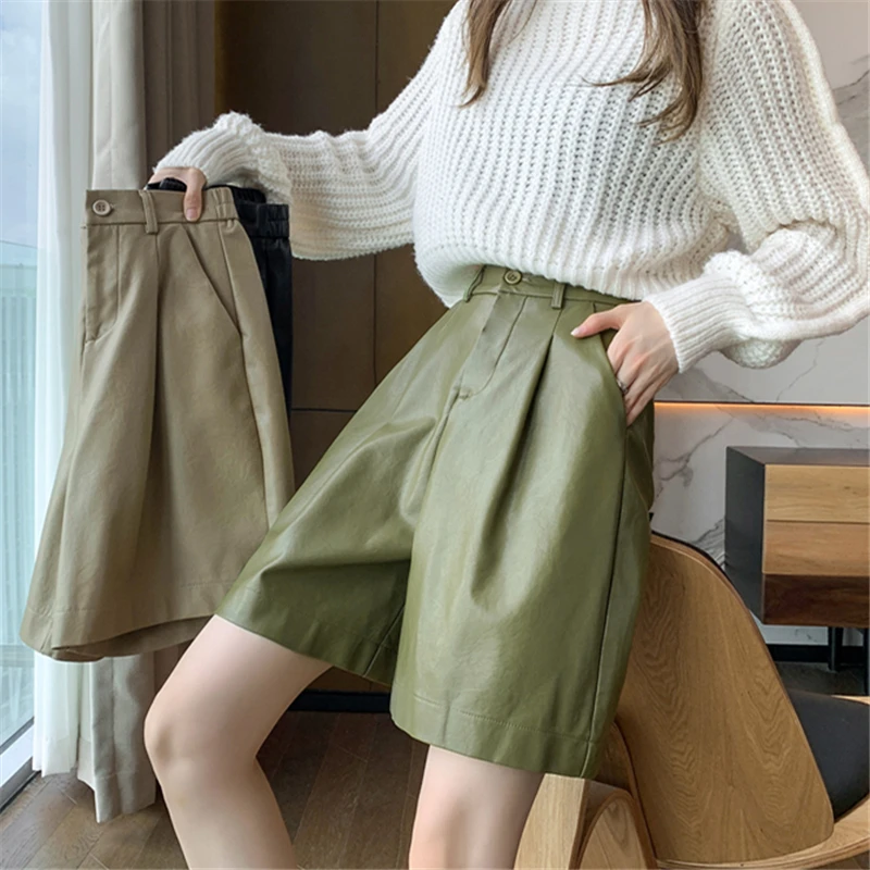 

Autumn Winter PU Leather Women's Shorts High Waist 2024 New Button Korean Black Casual Loose Wide Leg Half Pants Female
