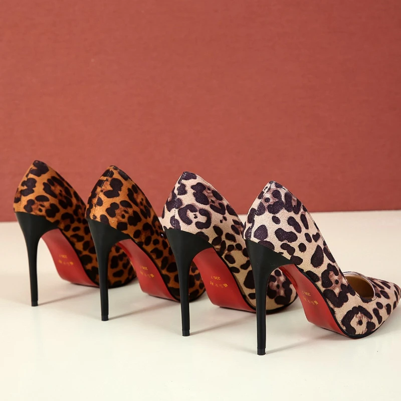 Red Rubber Bottom High Heels Shoes Women Pumps Flock Leopard Print Sexy Stilettos Party Heeled Designer Shoes Plus Big Size 44