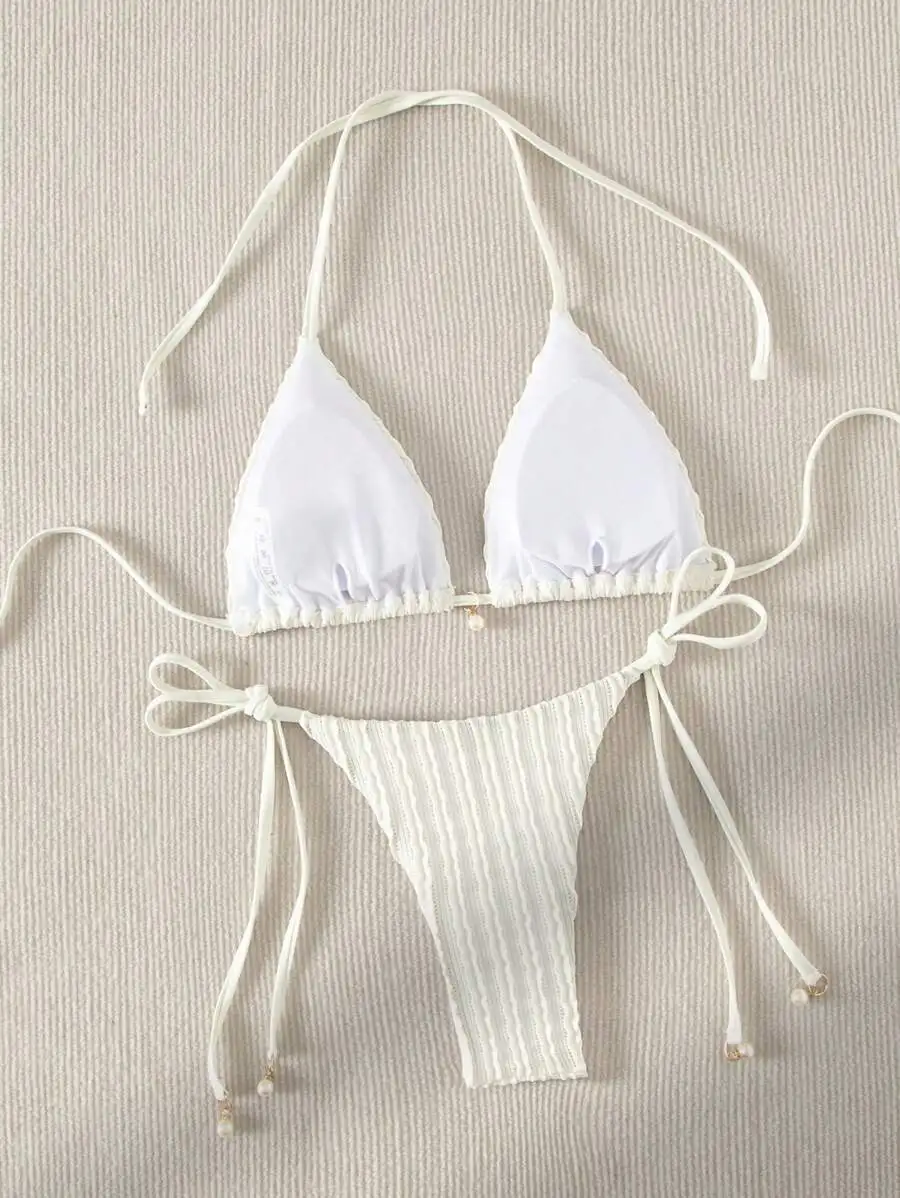 

White Halter Triangle Tie Side Bikini Set For Women