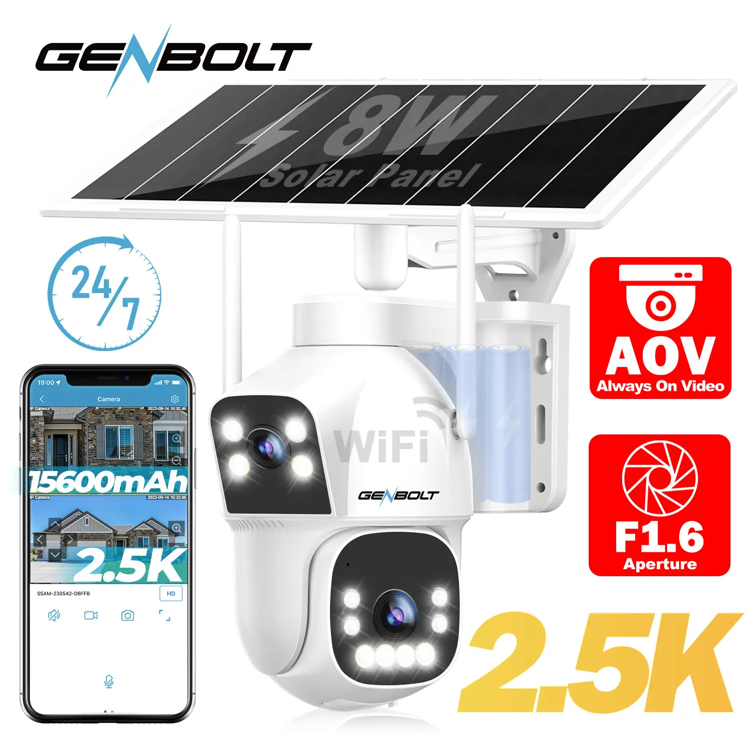 GENBOLT Outdoor Solar WiFi Cam, AOV 24/7 Record, Dual Motion Detect, 15600mAh Battery, Night Vision Patio & Garage