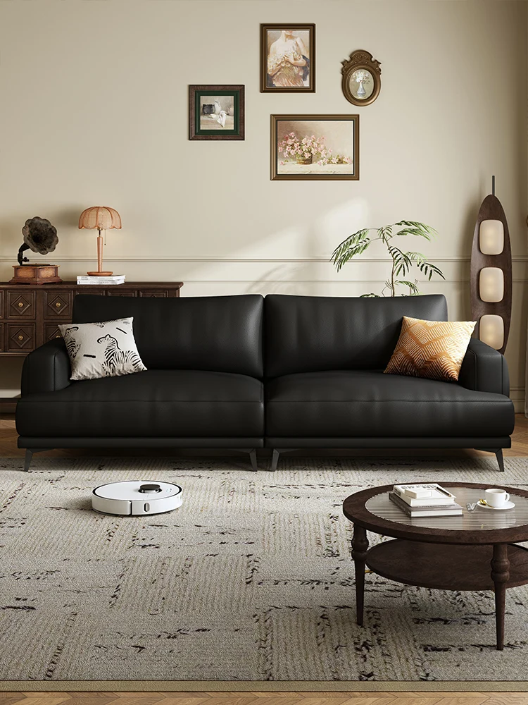 

m black leather straight-row sofa Italian minimalist small apartment modern office retro three-person sofa m