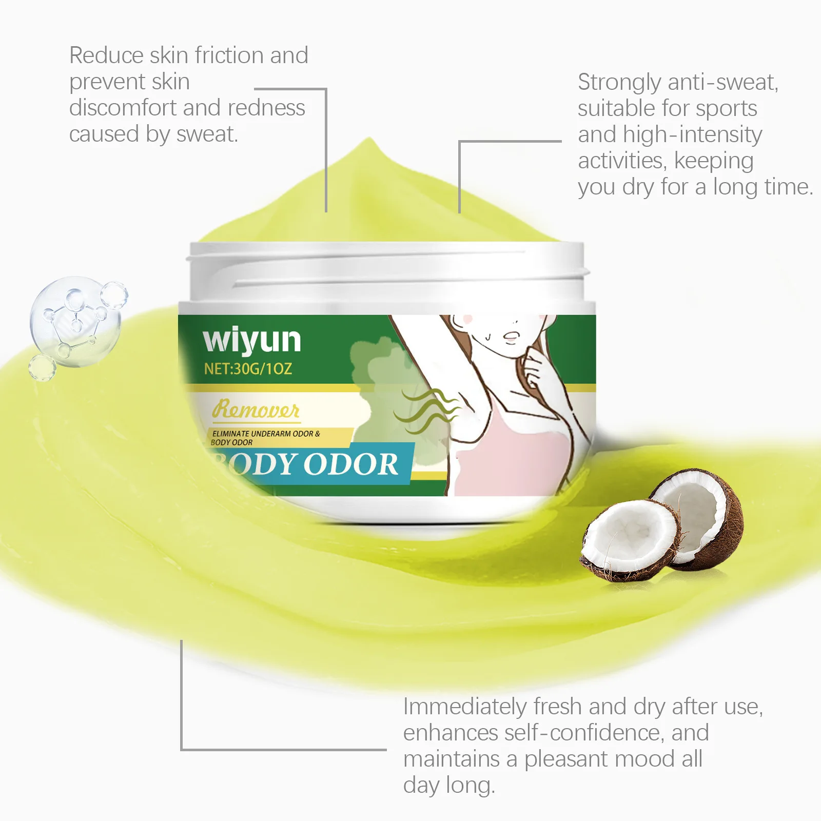 Wiyun Coconut Oil Body Deodorant Cream Lasting Aroma Reduce Bad Smell Refresh Underarm Skin Care Armpit Sweat Odor Removal Cream