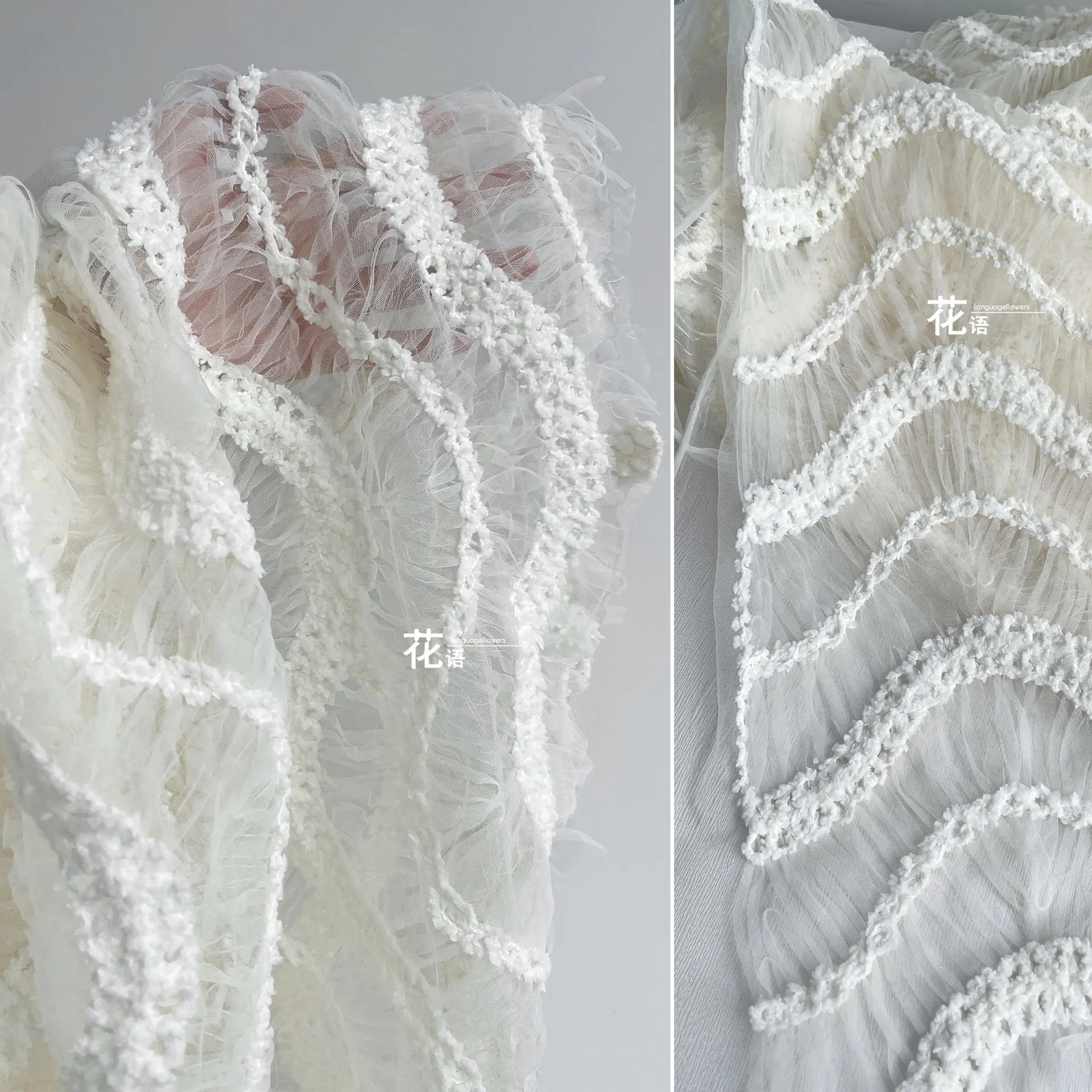 White Herringbone Wave Embroidered Mesh Designer Fabric Lightweight Bridal Textile for Textile Art and Creative Projects