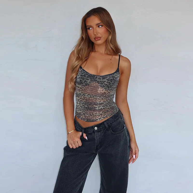 

Новый летний топ из сетчатой ткани Spice Girls с леопардовым принтом, искусственный топ из двух частей с бретельками из Европы и Америки.