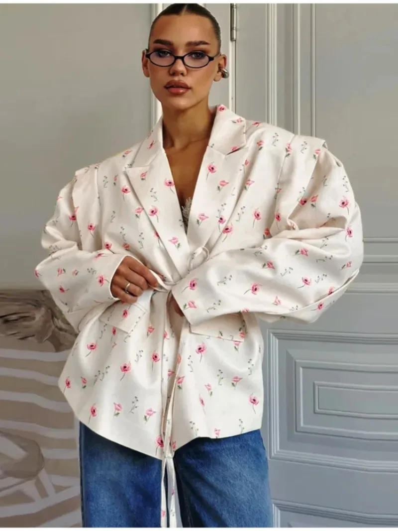 

Fashion Solid Lace Up Oversize Blazer For Women Casual Single Breasted Lapel Jackets Lady Long Sleeve Shoulder Pads Outerwear