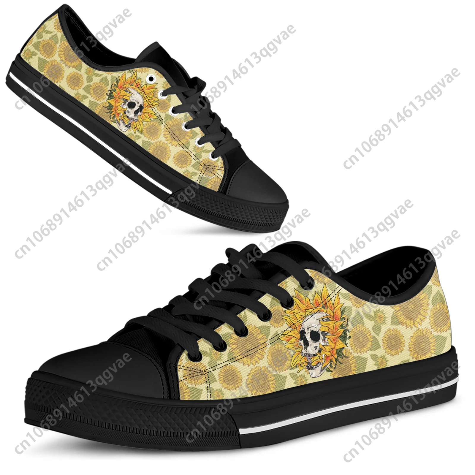 

2023 Sunflower Skull Print Low-Top Canvas Shoes Women's Shoes Retro Girls Floral Sneakers Luxury Vulcanized Shoes Women