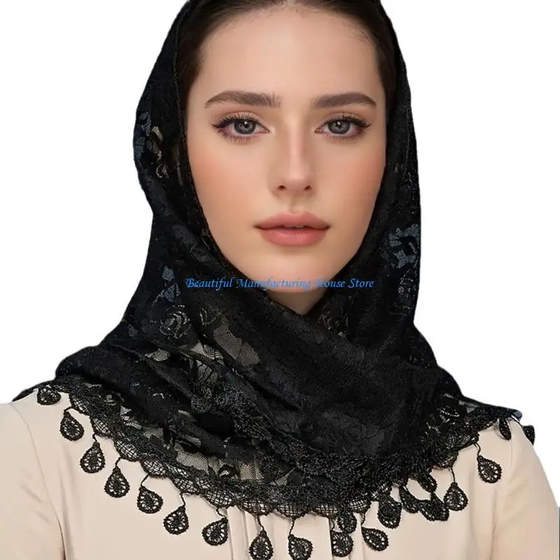 E56A Mass Mantilla Veils for Women Catholic Church Lace Shawl Headcovering Tassels Tulle Flower Head Scarf for Everyday Wear