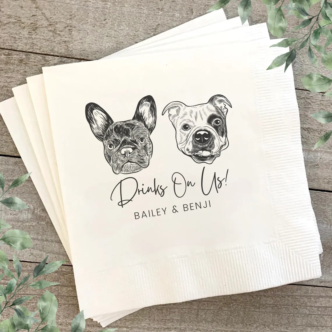 Personalized Illustrated Dog Wedding Napkins,Custom Pet Wedding Napkins,Custom dog Paper Napkins,Custom Engagement Napkins