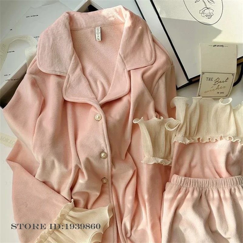 

Флисовый пижамный комплект Sweet Pink Island, одежда для дома, осенне-зимняя новая женская одежда для сна, пижамный костюм, свободная повседневная домашняя одежда, ночное белье