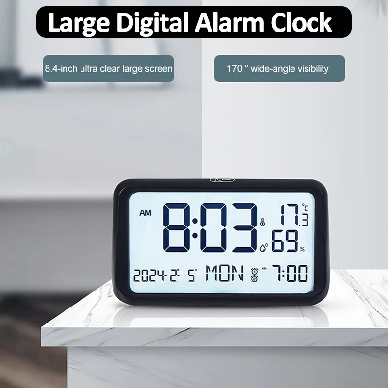 

Large Screen Digital Clock Temperature Humidity Date Week Display Soft Backlight Electronic Desktop Clock for Home Living Room