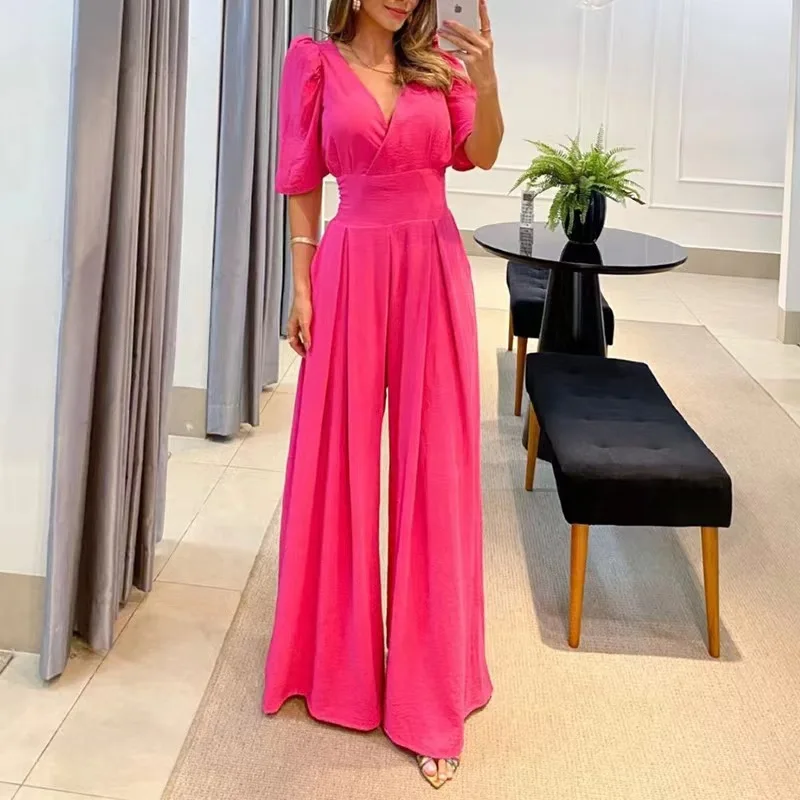 Wide Leg Pants Jumpsuits Women Sexy Solid Deep V-neck Rompers Office Elegant Autumn High Waist Jumpsuits One Piece Set