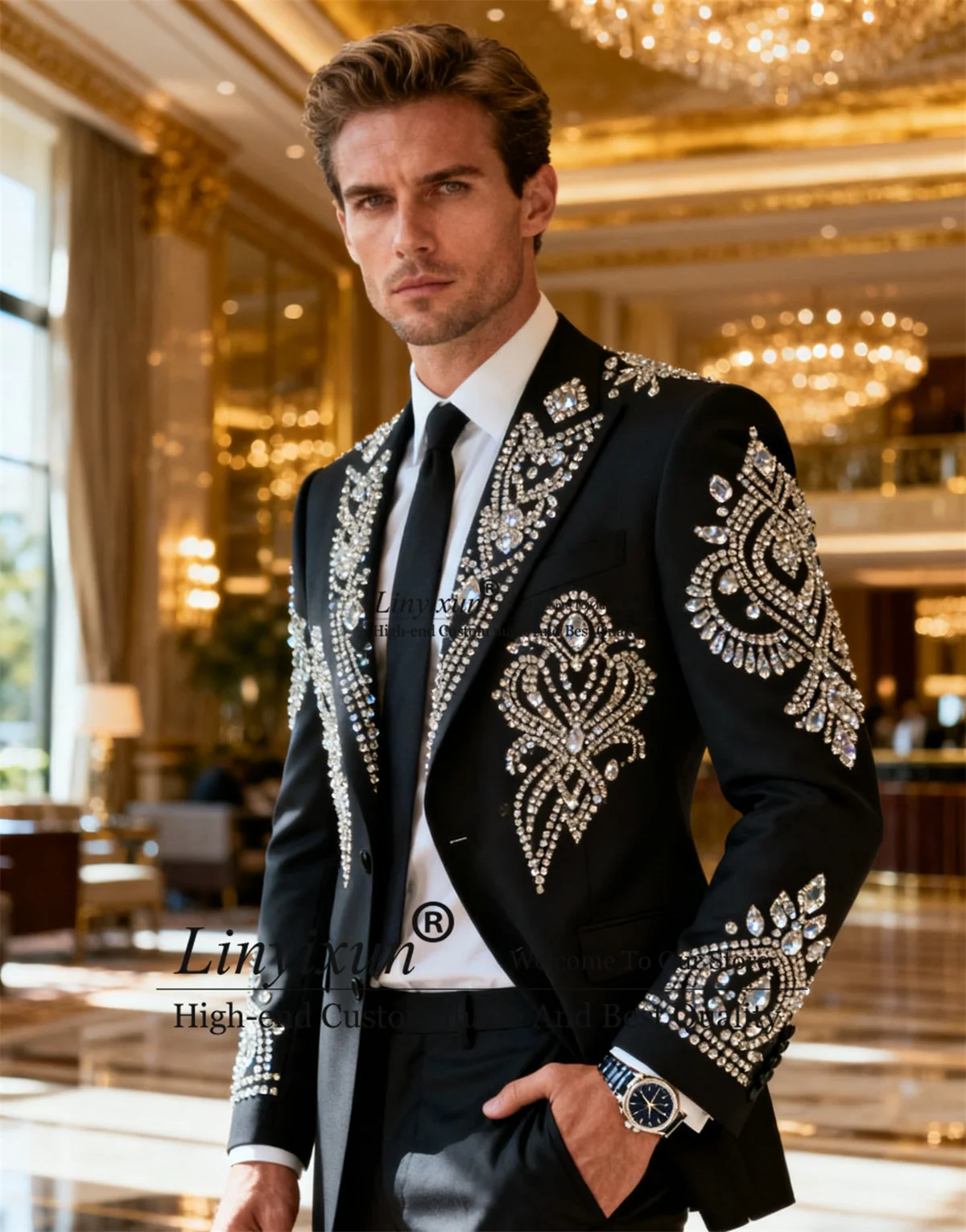 

Glitter Crystal Diamond Men Suits Customized Handsome Slim Fit Wedding Tuxedos Ropa hombre 2 Pieces Sets Groom Male Blazers