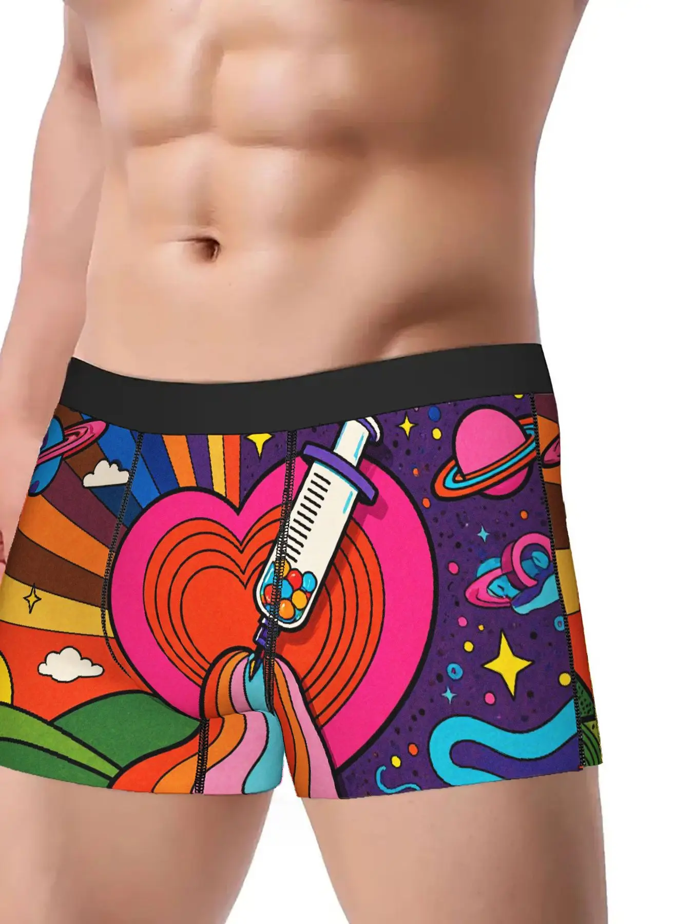 Men's Psychedelic 60s/70s Retro Space Heart Boxer Briefs Soft Stretch Breathable Underwear with 1960s Pop Art Design