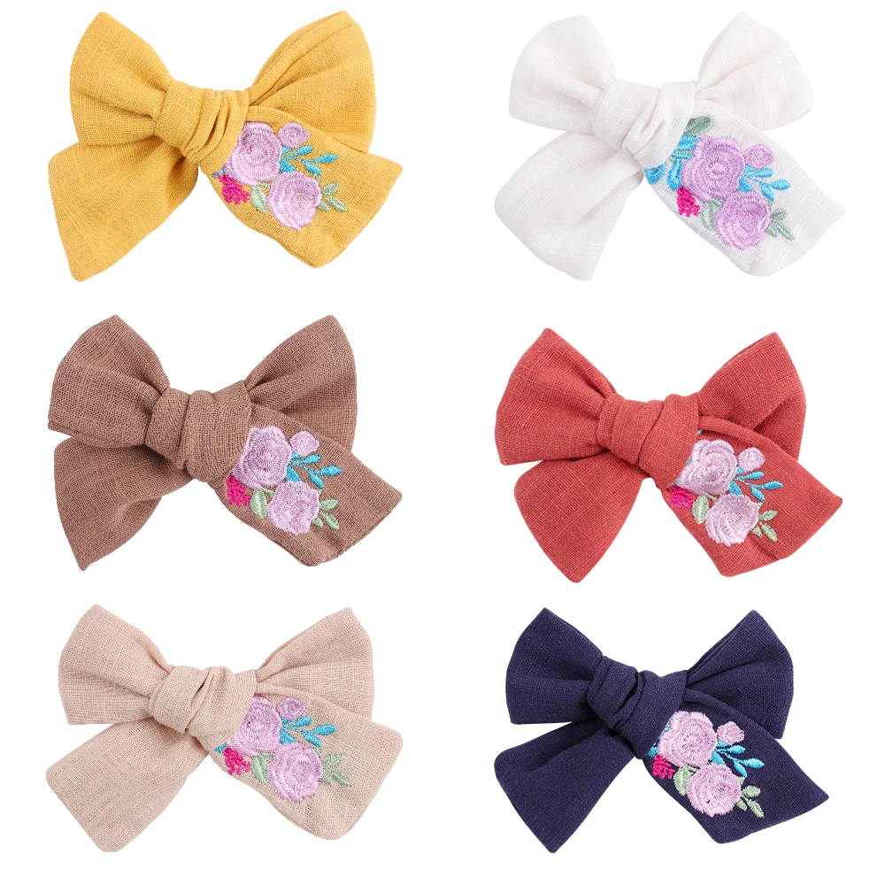 Embroidery Knotnbow Hair Clips Cotton Linen Barrette For Baby Girls Big Bows Hairclip Children Infant Hairgrip Hair Accessories