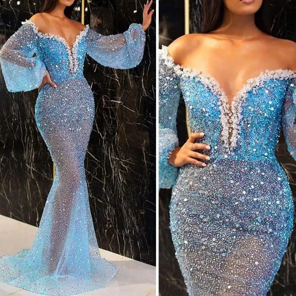 

Women Elegant Gown Dress Off Shoulder V-neck Puff Long Sleeve Dress Blue Evening Party Dress Sequins Decor See-through Vestidos