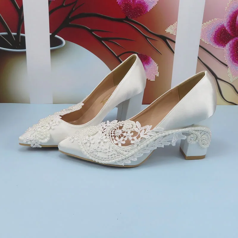 Pointed Toe White Bridal Wedding shoes Thin Heel Ladies high Pumps woman Fashion Party Dress shoes Shallow High Pumps Slip-on