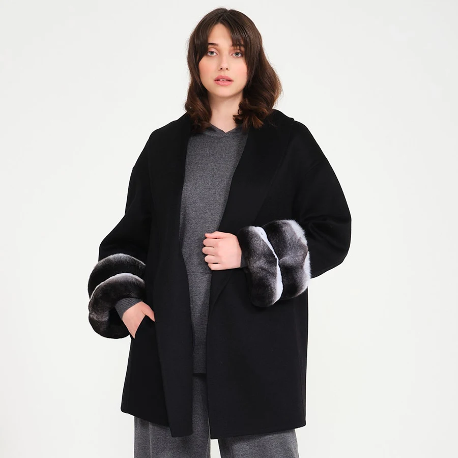 Chinchilla Rex Rabbit Fur Coat Winter Wool Blends Jacket Women Real Fur Collar Best Selling Cashmere Jacket Luxury