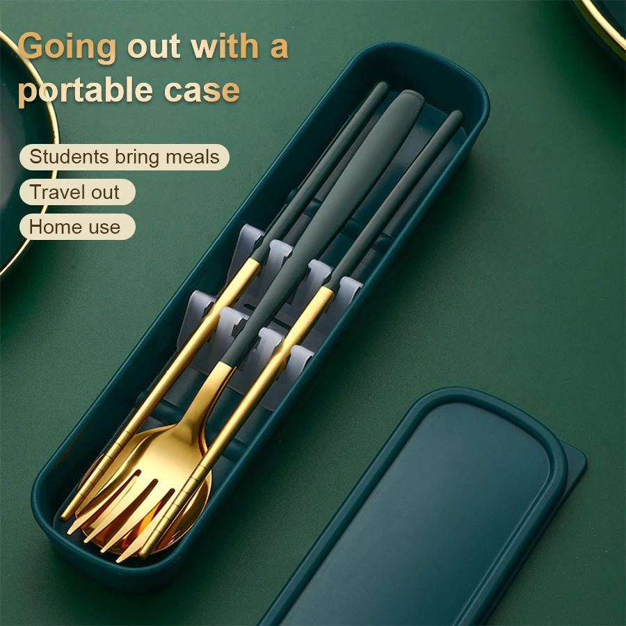 3Pcs Stainless Steel Portable Cutlery Set Spoon Fork Chopsticks Student Travel Korean Style Portable Cutlery Set Kitchen Supplie