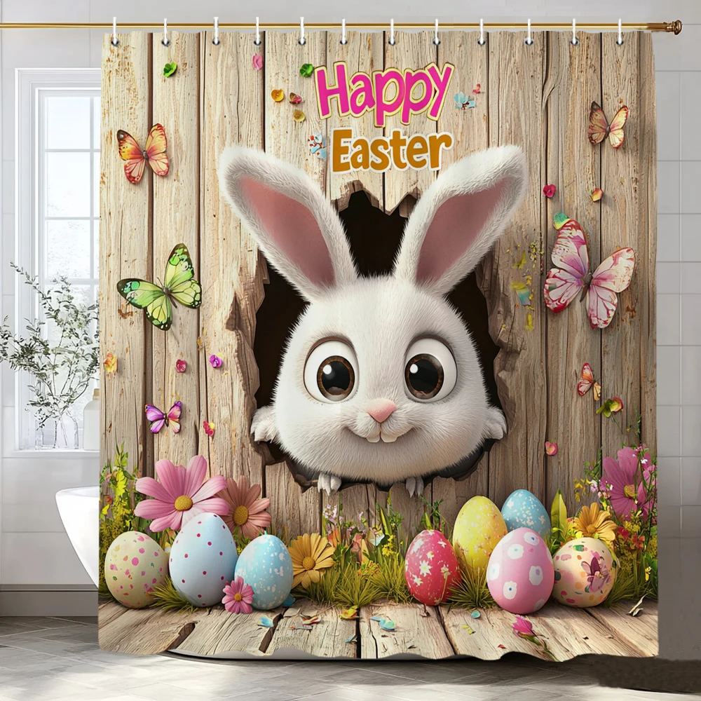 Happy Easter Bunny Eggs in Wooden Board Hole Cartoon Shower Curtain, Bathroom Decorative Shower Curtain, Home Curtain with Hooks