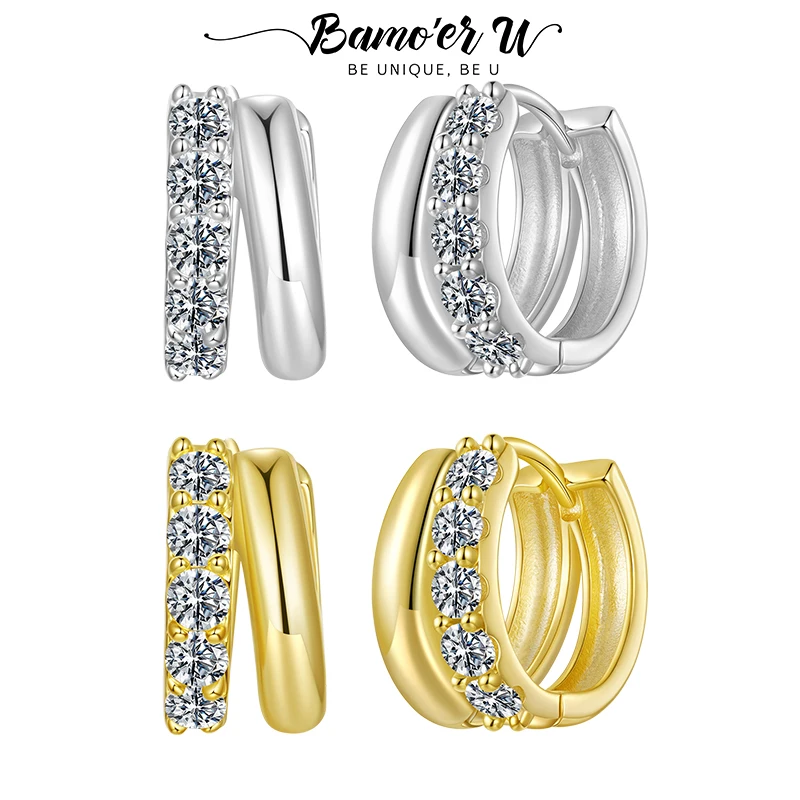 

Bamoer U Double-layer Moissanite Huggie Hoop Earrings 18K Gold Chunky Ear Buckles D Color S925 Luxurious Wedding Jewelry Gift