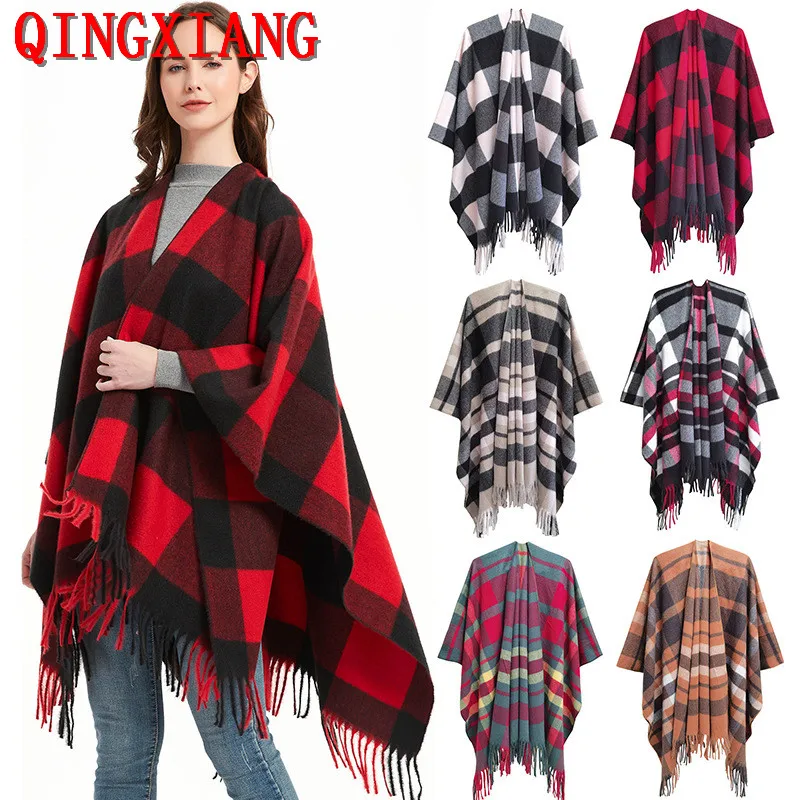 

Women Faux Cashmere Air Conditioning Capes Female Long Thick Vintage Shawl Oversize Cardigan Plaid Winter Poncho Streetwear