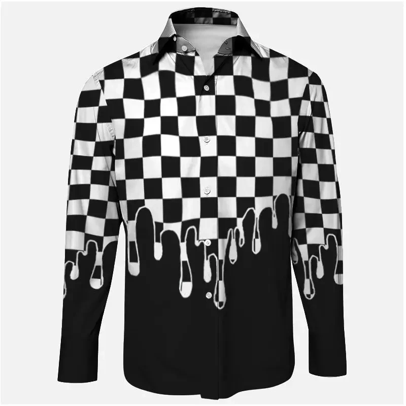 Chemise boutonnée à carreaux monochromatique pour hommes, manches longues, imprimé 3D, vacances décontractées, printemps, automne, 2024