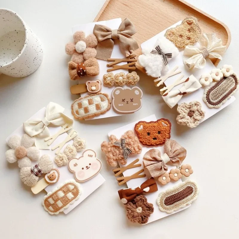 9pcs/set Plush Cute Cartoon Kids Girl Hair Clip Sweet Chic Beige Coffee Color Children\'s Hair Pin Little Girl Har Accessories