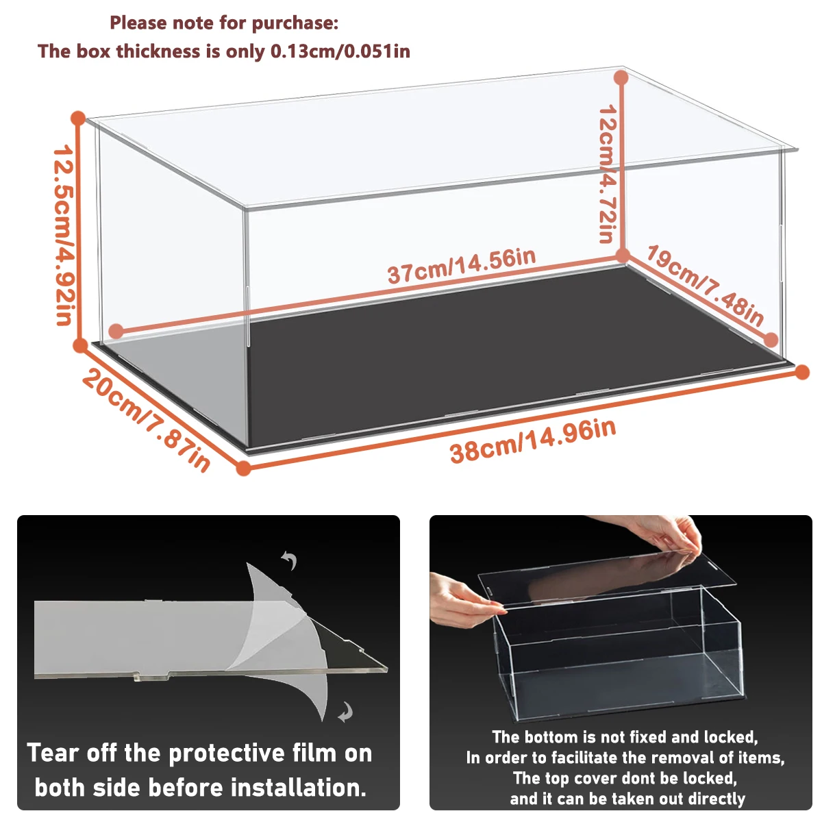 1:14 Scale Transparent Acrylic Display Box, Suitable for Protection and Display of Small Collections of Toy Car Model Building Blocks (Inner Circle Size 37X19X12Cm)