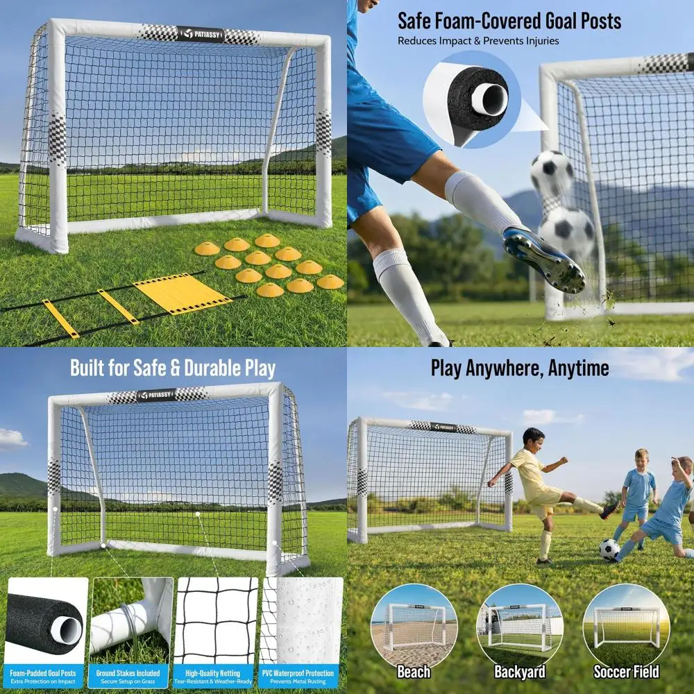 

Heavy-Duty 8x6 or 6x4 Soccer Net with Padded Metal Posts, Suitable for Youth and Adults, Includes Training Set with Agility Ladd