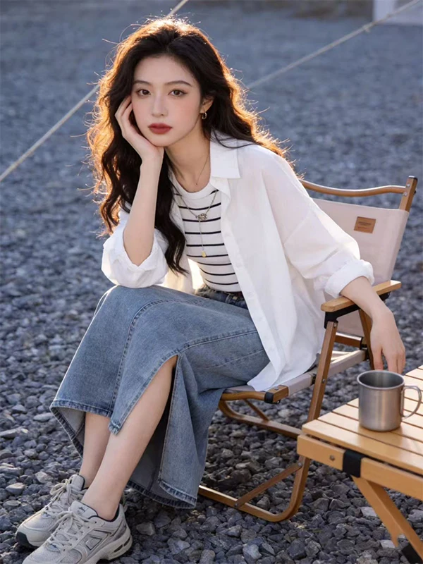 

Summer New Women's Sun Protection Shirt Lazy Style with Stripe Vest Cover up Denim Skirt Three Piece Set Fashionable Casual O...
