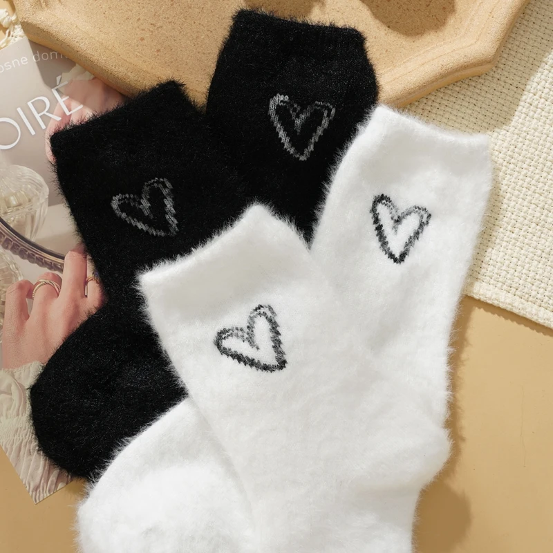 Women Winter Warm Fluffy Socks Love Solid Color Fuzzy Socks Female White Thick Home Floor Sleep Socks