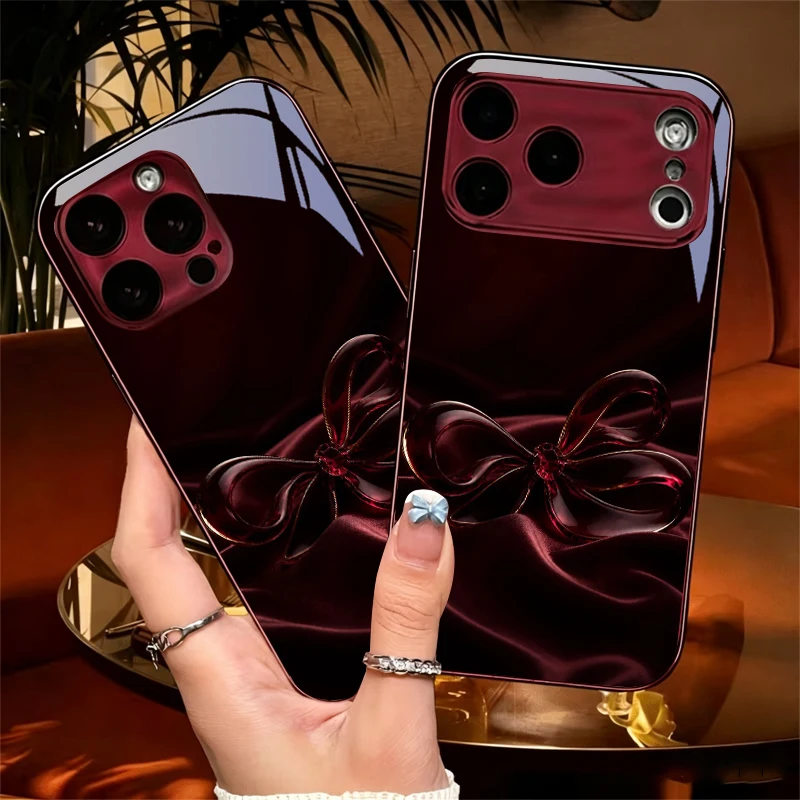 Velvet Pleated Sole Electroplated Wine Red Glass Phone Case For iPhone 18 11 12 13 14 15 16 E 17 Pro Max Plus 17Air 16Plus Cover
