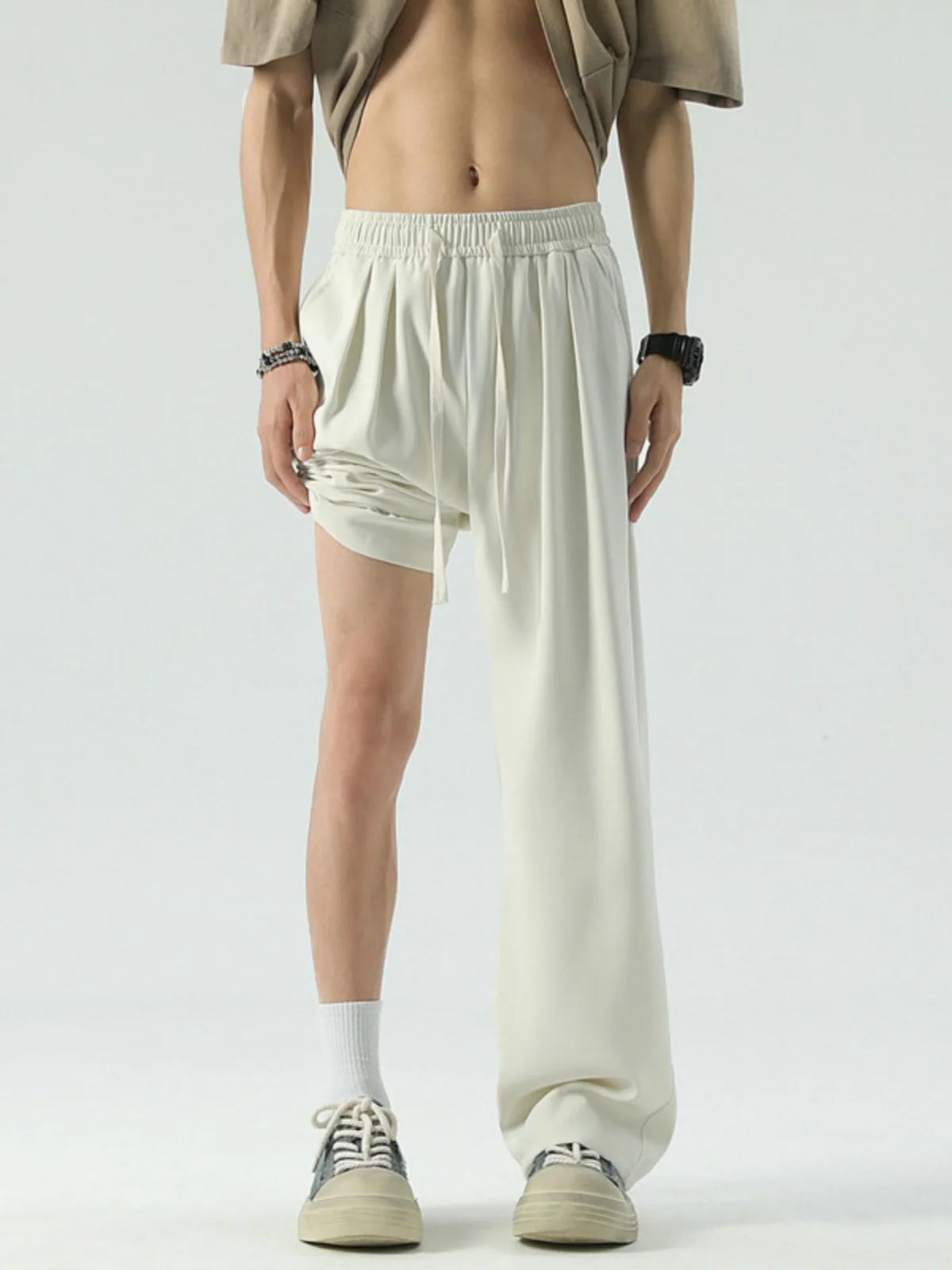 

Ice Silk Men's Summer Thin Cool Feeling Qui Dry Pants Drapey Straight Leg Wide Casual Long Trousers Faionable Loose Fit