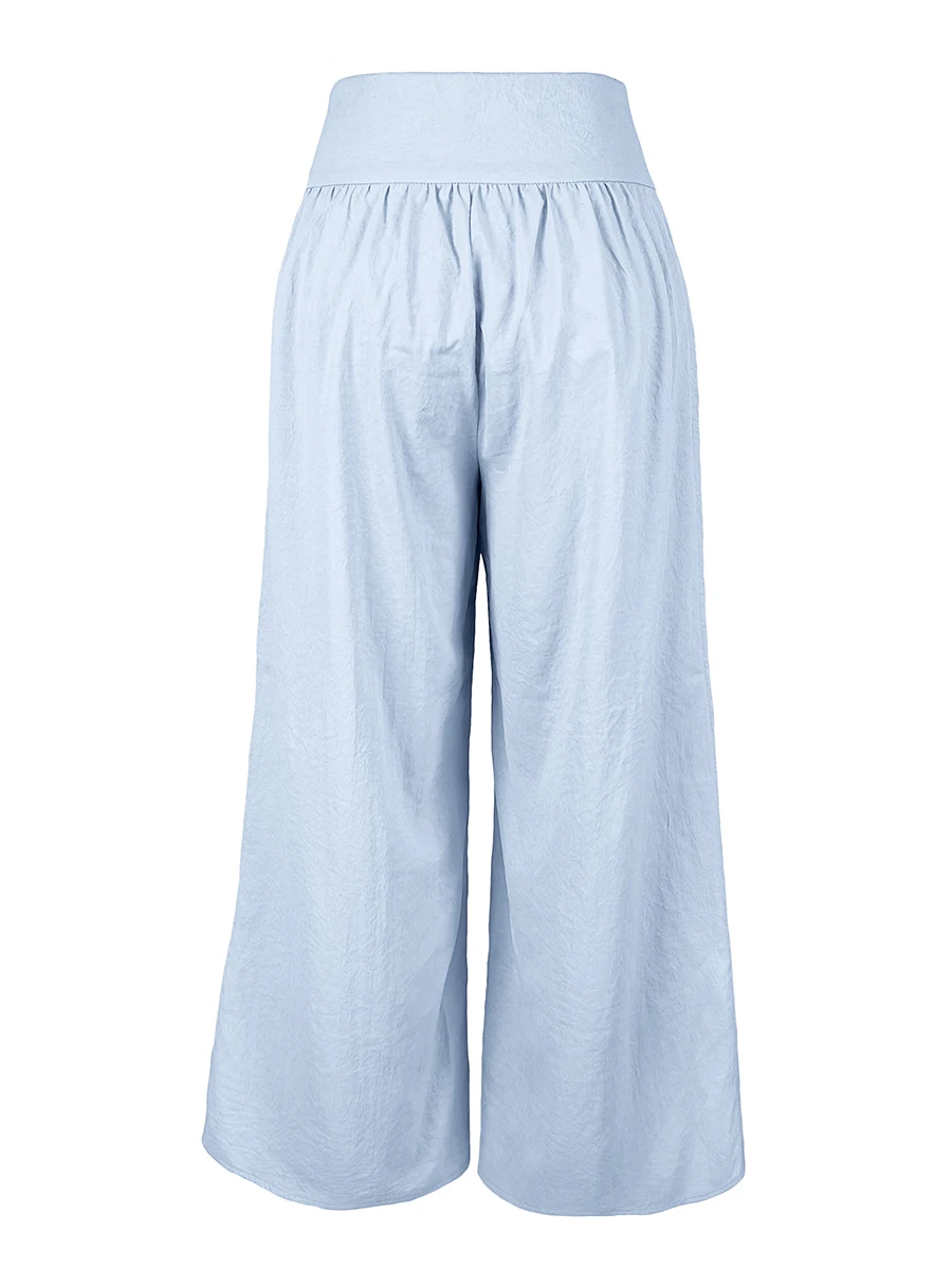 Hochgeschnittene Weite Palazzo-Hose für Damen, Lose Plissierte Hose mit Knopfdetails, Bohemian Casual Lange Hose, Elegante Modehose – Detail 6