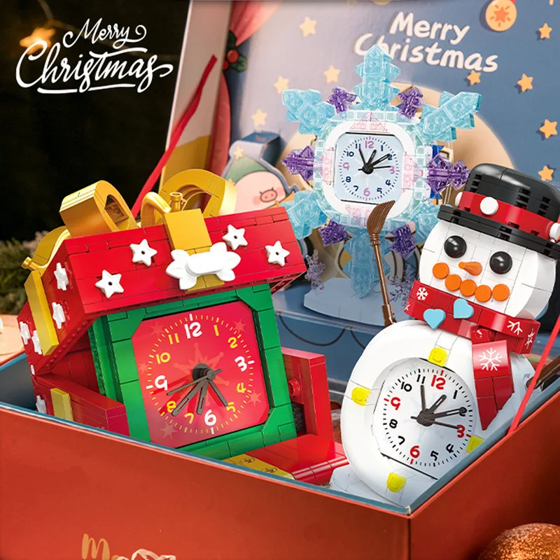 

Рождественские тематические строительные блоки, часы, снеговик/подарочная коробка/снежинка, дизайн, украшение для сборки, модель, блоки, игрушка, праздничный подарок для детей