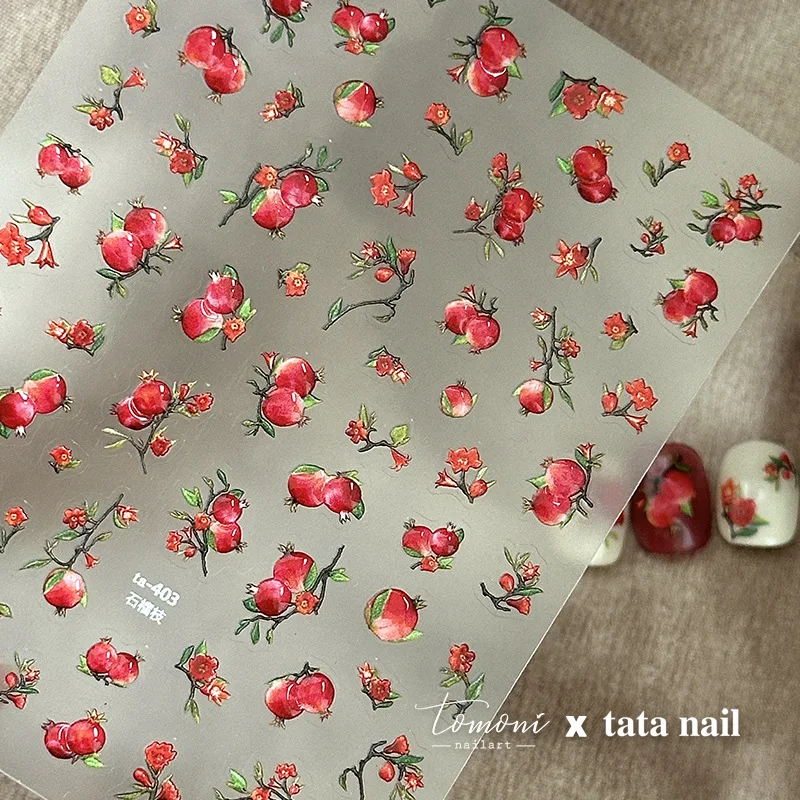 Branches de fleurs de grenade rouge, pomme verte, fraise, pastèque, cerise, fruits, autocollant de manucure auto-adhésif pour Nail Art, DIY bricolage