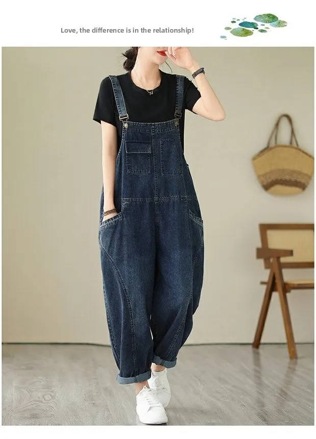 Fall Women's Loose Jeans Overalls Deep Blue High Waist Design Sensation plus Size Faion plus Size Women's Loose Slimming
