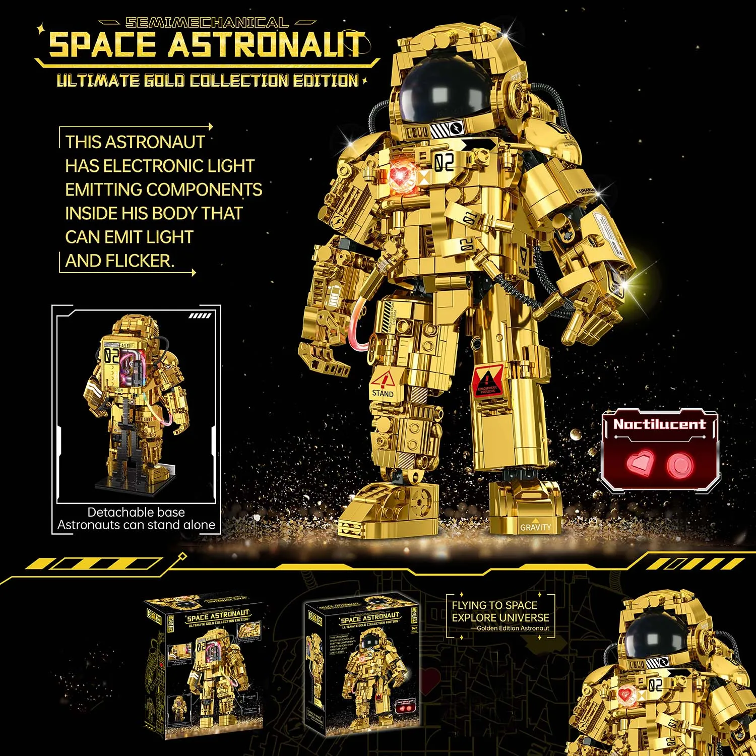 990PCS Semi Mechanical Space Astronaut Building Blocks Aerospace Gold Collection Version Colorful LED Light Toy Gift For Friend