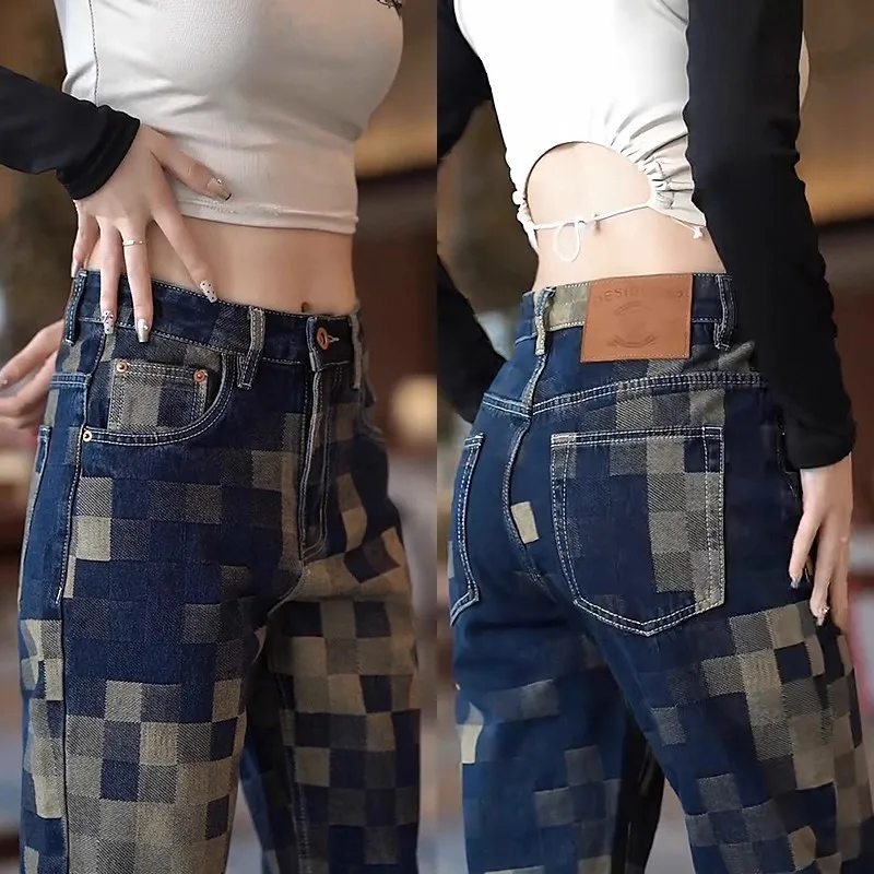 

Модные американские джинсы из хлопка с мозаичным узором, мужские свободные прямые повседневные длинные брюки, дышащие, удобные, на все сезоны