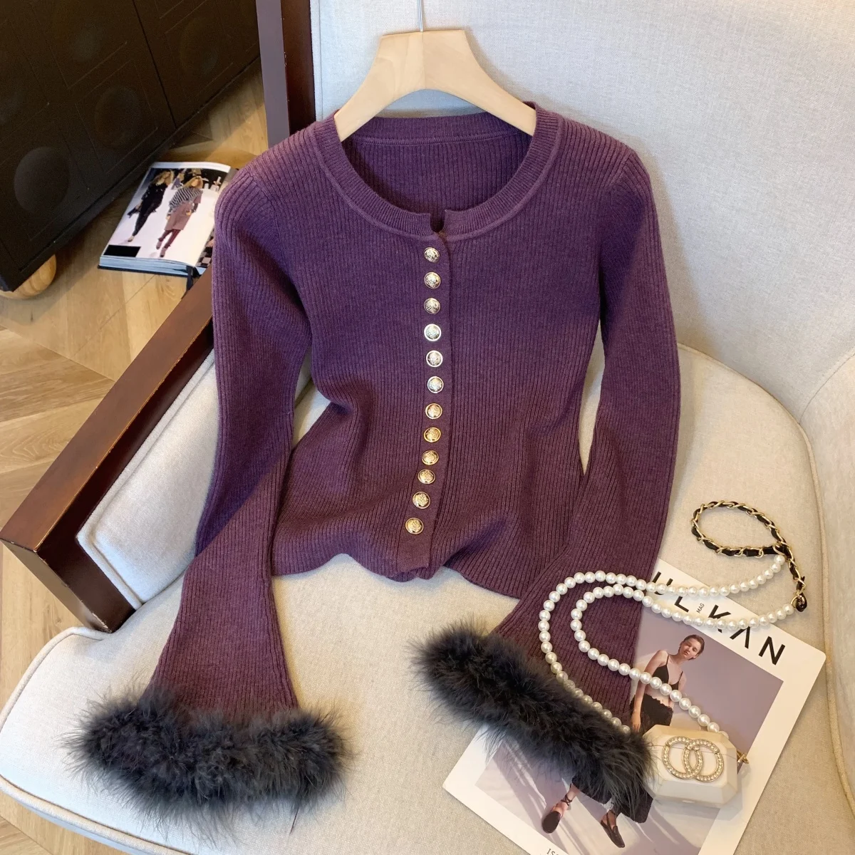 

Thickened Long Sleeve Knitted Sweater Women's Autumn Winter Fashion Sense Slim Fit Button Cardigan Wool Sleeve Top