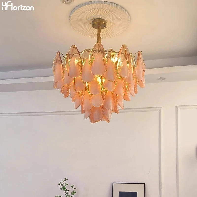 

Modern Luxury Amber Glass LED Chandelier with Remote Control Dimmable for Living Room Hall Ceiling Light Home Decoration